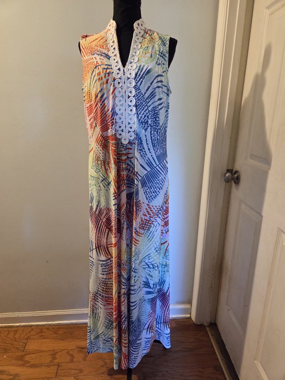 Sleeveless Multi-Color Maxi Dress with Crochet Trim
